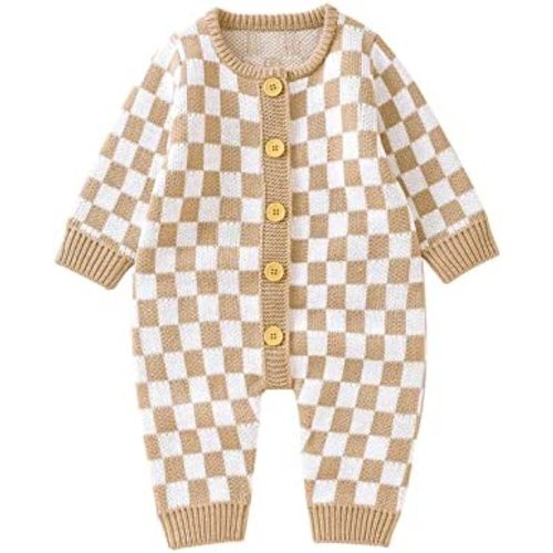 Infant Baby Girl Boy Knitted Sweater Romper Jumpsuit Checkerboard Plaid Print Long Sleeve Button Down Bodysuit