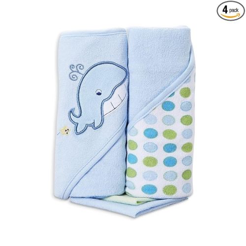 Spasilk Bath Hooded Towels & Washcloths Set for Babies, 2 Hooded Terry Bath Towels & 2 Washcloths, Blue Whale