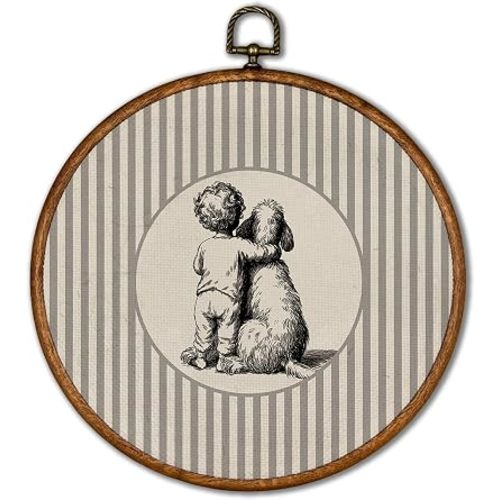 KSDUT Vintage Little Boy and Poodle Dog Round Wall Art Decor 10"x10"
