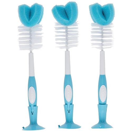 Dr. Brown's Reusable Sponge Baby Bottle Cleaning Brush Set with Suction Cup Stand, Scrubber and Nipple Cleaner, Blue 3-Pack