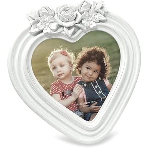 Isaac Jacobs 4x4 Heart-Shaped Resin Picture Frame with Rose Design, Decorative Photo Frame, Tabletop & Wall Display, Hanging Display & Home Décor (White)