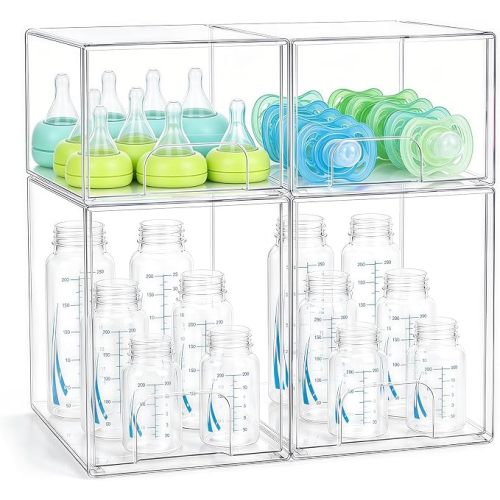 Baby Bottle Organizer 4 Pack Baby Bottle Storage Organizer Clear Bottles Station Acrylic Stackable Container Drawers Bins for Pacifiers,Nipples,Pump Parts for Countertop,Cabinet,Bathroom,Vanity