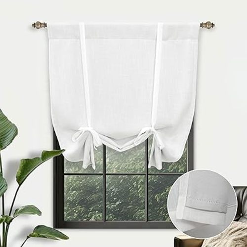DriftAway Double Layer Linen Blackout Tie Up Curtains Thermal Insulated Fully Lined Balloon Roman Shade Bathroom Window Adjustable Rod Pocket for Small Window 25 Inch by 47 Inch White