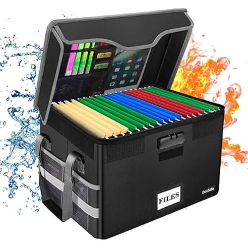 DocSafe Fireproof Document Box with Lock, File Storage Organizer with Mesh Pockets, Collapsible Portable File Box Home Office Safe Filing Cabinet with Handle for Hanging Letter/Legal Folder, Black