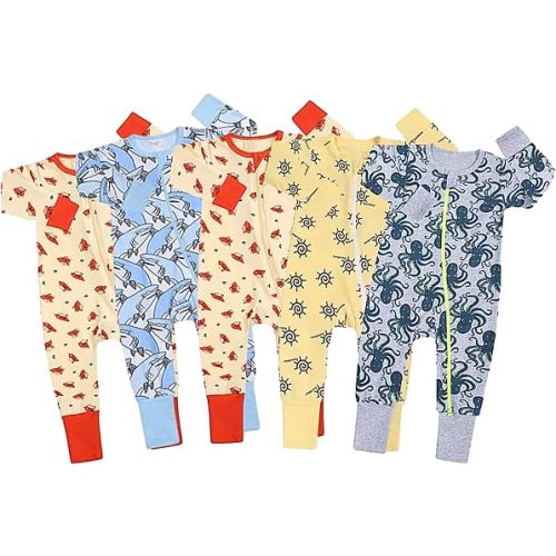 KaWaii Baby Boy Cotton Sleep N Play Bodysuits Sleepers, Long Sleeve 2-Way Zipper, 6-9 Months Pack of 5