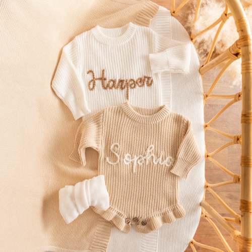 Personalized Baby Romper with Frill – Hand Knit Custom Name Outfit, Newborn Announcement Outfit