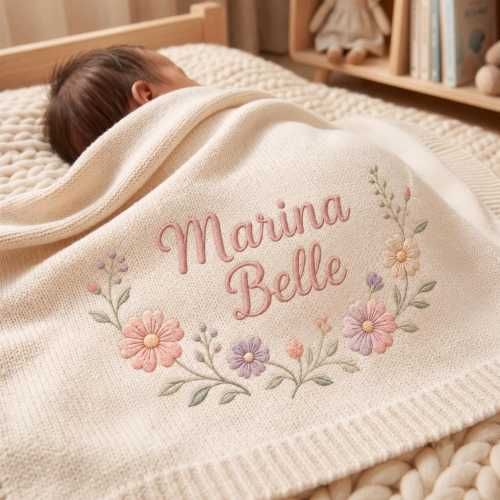 Personalized Boho Flowers Embroidered Baby Blanket, Custom Name Knitted Cabin Nursery Keepsake, Newborn Blanket, Nursery Keepsake