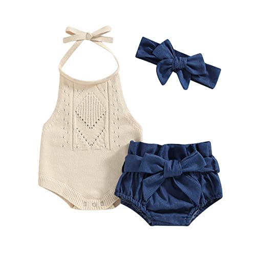 BULINGNA Baby Girl Summer Outfit Sleeveless Halter Neck Knitted Romper + Denim Shorts + Bow Headband Newborn Infant Clothes