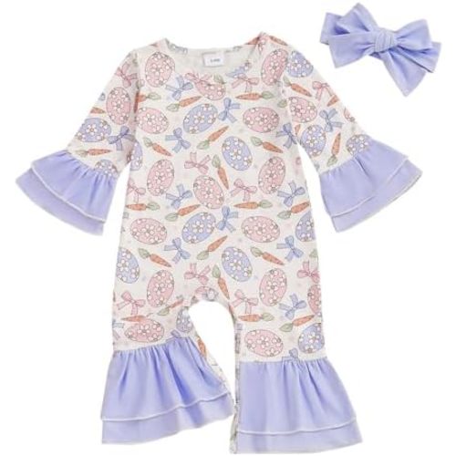 FYBITBO Infant Baby Girl Clothing Green Bow Clover Romper Flared Jumpsuit Newborn St Patricks Day Outfit Onesie Clothes