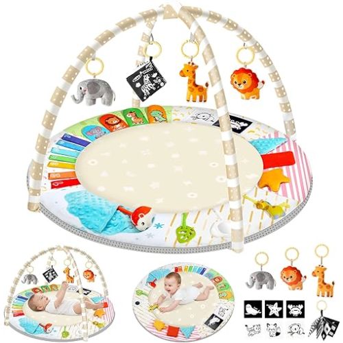 URMYWO Tummy Time Mat - Comfortable Baby Floor Play Mat Activity Gym for 0-3-6-18 Months, 6 Developmental Zones with 5 Detachable Toys for Motor Skills Sensory Development, Baby Essentials Shower Gift