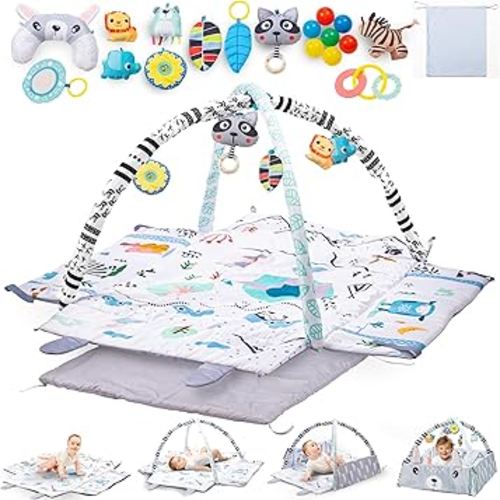 Baby Play Mat Tummy Time with Extra Mat - Baby Play Mats for Floor Activity Gym with Toys, Washable Tummy Time Mat Girl & Boy, Floor Play Mat for Babies 0 6 Months+, 43.7 x 39.8 x 20.5 Inches