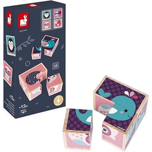 Janod Baby Forest My First 4 Blocks Baby Animals Wooden Puzzle Set - Ages 12 Months+ - J08001