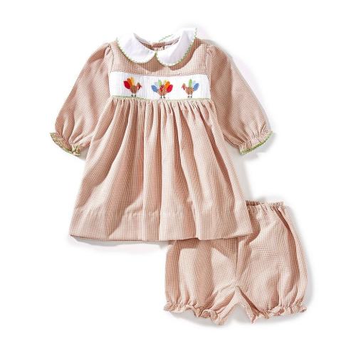 Petit Ami Baby Girls Long Sleeves Hand Picture Smocked Turkey Dress With Matching Bloomers