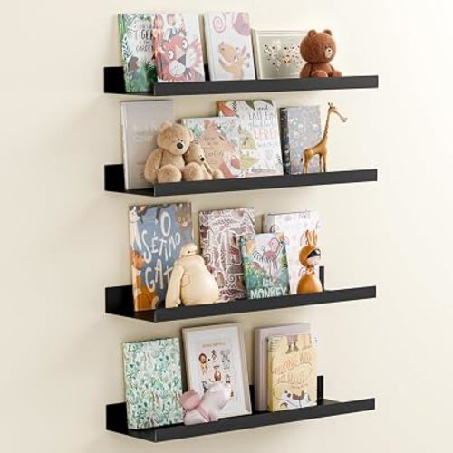 BYCY Metal Floating Shelves Set of 4,15.6 inch Nursery Book Shelves for Wall Mounted,Wide Magnetic Book Display Wall Shelves for Classrooms Kitchen Bedroom Room Decor (Black, 15.7inch,4pcs)