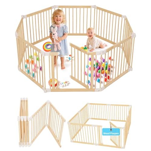 Foldable Wooden Baby Playpen Large Play Yard for Babies, 2 in1 New Mom Helper Portable Fence, Custom 25" Tall Wood Gate with Adjustable Size & Shape for Infants 3-16 Months -63x63x25 inch
