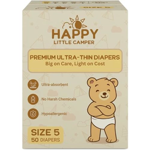 Happy Little Camper Premium Ultra-Thin Diapers, Size 5, 31-35 lbs, 50 Count | Ultra-Absorbent Disposable Baby Diapers for Sensitive Skin | Hypoallergenic, Fragrance-Free, Totally Chlorine Free