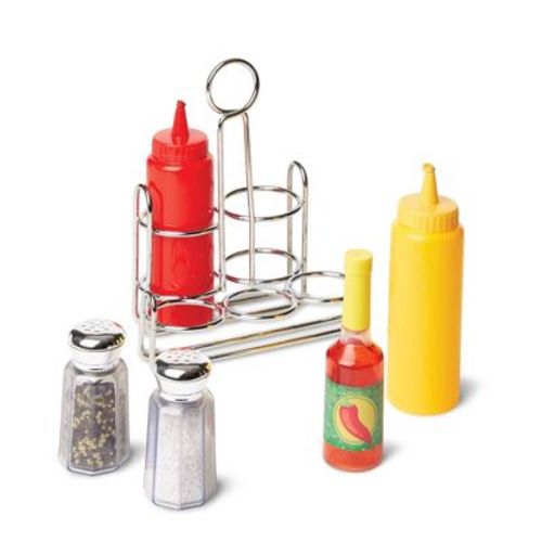 Melissa & Doug Condiments Set (6pc) - Play Food, Stainless Steel Caddy: Pretend Kitchen Toys, Fine Motor Skills