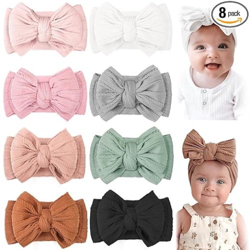 CÉLLOT 8 Pcs Super Stretchy Soft Handmade Headbands with Double Bows Head Wrap Nylon Hair Accessories For Newborn Babies Girls Infants Toddlers