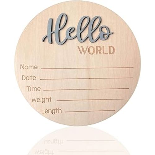Baby Announcement Sign, ​5.9 Inch Wooden Hello World Newborn Signs, Birth Announcement Sign, Baby Shower Hospital Nursery for Newborn Boys and Girls (Gray)