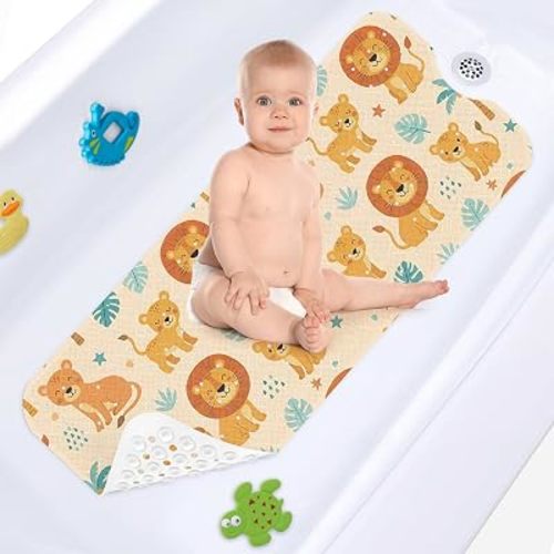Lion Jungle Bathtub Shower Mat Cute Animal Non-Slip Tub Extra Long Bath Floor 40X16 Inch Machine Washable for Bathroom Tub Bath Mat for Toddler and Baby
