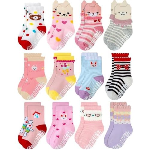 RATIVE Non Skid Anti Slip Cotton Dress Crew Socks With Grips For Baby Infant Toddler Kids Girls