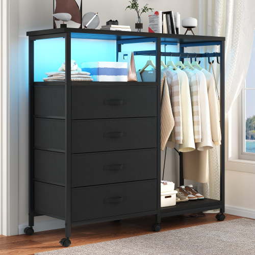 3-in-1 Dresser with Clothes Rack, 4 Drawers, Charging Station, LED Lights, and Wheels, Rustic Brown Storage Chest for Bedroom, Living Room, Hallway（Textured Matte Black）