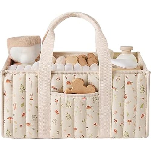 Quilted Fabric Storage Basket Floral Baby Diaper Caddy Quilted Basket for Nursery Bedroom Car Storage (L- Beige 04)