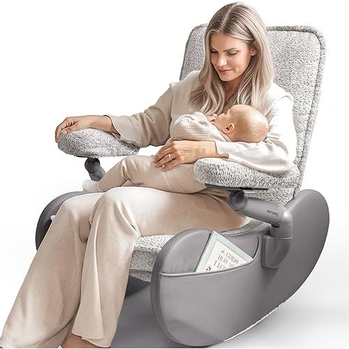 MAMAZING Nursery Rocking Chair Glider with Adjustable Armrests for Breastfeeding, Upholstered Nursing Chair with Removable Cover (Grey/Grey)