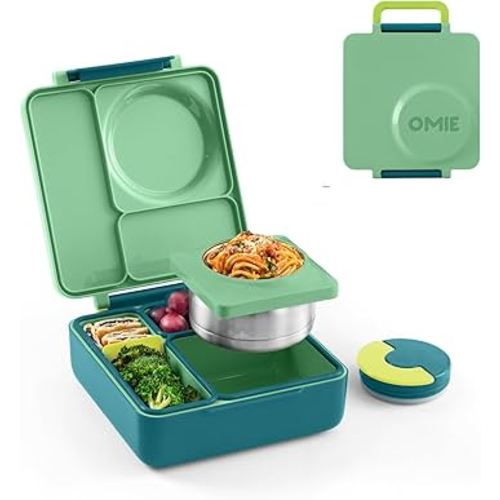 OmieBox Bento Box for Kids - Insulated Bento Lunch Box with Leak Proof Thermos Food Jar - 3 Compartments, Two Temperature Zones - (Meadow)