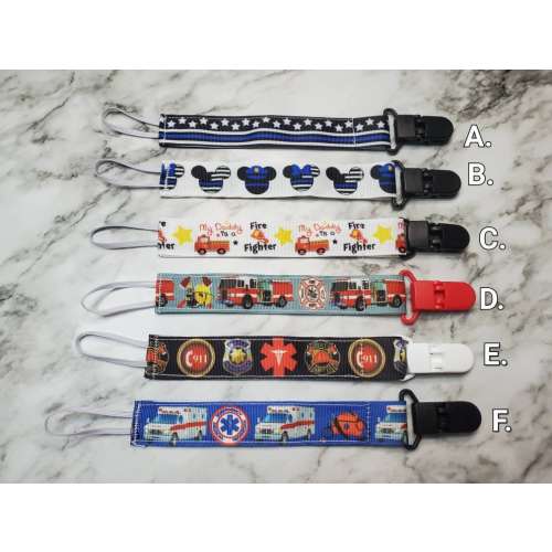 Pacifier Clip/ Baby shower gift / fabric pacifier clip / handmade baby present / Police / Fireman / EMT / Fire Fighter