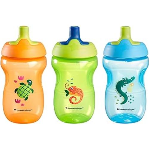 Tommee Tippee Sportee Water Bottle, for 12m+, 10oz, Pack of 3 Non-Spill Sippy Cups for Toddlers, Orange, Green and Blue, with Bite-Resistant Spout, Easy-Hold and BPA Free