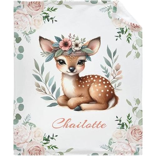 Custom Baby Deer Blanket with Name for Girls Boys Deer Gifts for Kids Soft Cozy Blanket for Sofa Bed Couch Living Room 30x40inches