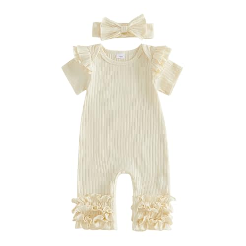 Newborn Baby Girl Clothes Jumpsuit Ruffle Trim Short Sleeve Romper Bodysuit Headband Coming Home Hospital Outfits