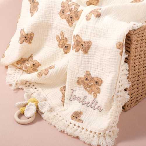 Personalized Teddy Bear Baby Blanket – Embroidered Cotton Newborn Gift