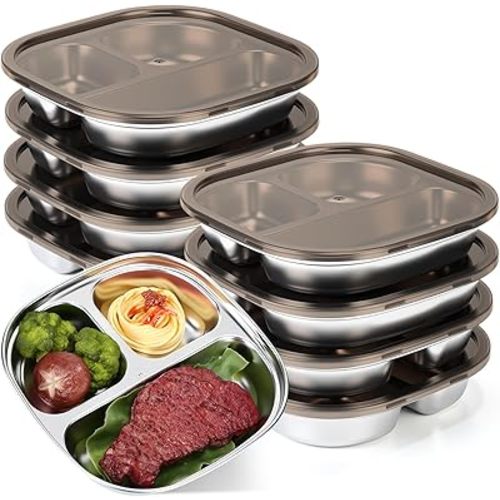 Jinei 8 Pack Stainless Steel Plates Metal Plate with Lids Portion Control Platter with 3-compartment, Non Toxic Unbreakable Divided Food Tray for Adults People, Camping, Lunch and Dinner(Brown)