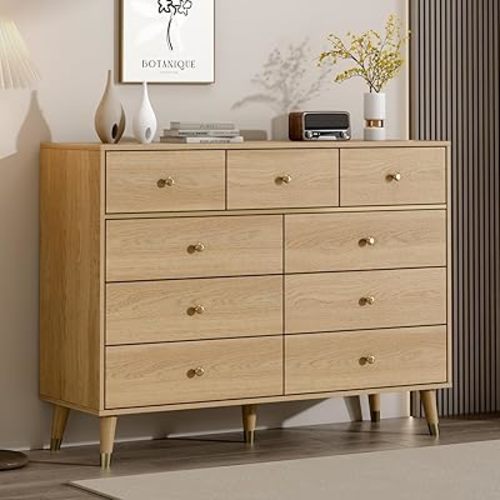 9 Drawer Dresser,47" Wide Mid Century Modern Chest of Drawers,Wooden Bedroom Drawer Dresser with 9 Storage Drawers for Bedroom, Living Room,with Anti-Tipping Device,Yellow