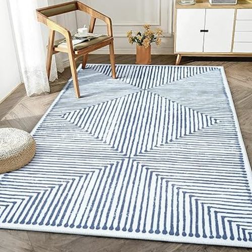 Bloom Rugs Washable Non-Slip 5' x 7' Rug - Blue/Ivory Striped Area Rug for Living Room, Bedroom, Dining Room, and Kitchen - Exact Size: 5' x 7'