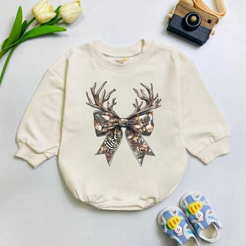 Camo Reindeer Bow Baby Romper, Baby Hunting Outfit, Rustic Deer Antlers Clothes, Custom Name Hunting Sweater for Baby