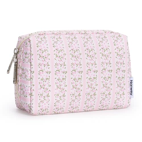 Narwey Small Cute Floral Makeup Bag for Purse Mini Cosmetic Bag Travel Makeup Pouch Zipper Pouch Cute Make up Bags with Compartments for Women Girls (Pink Flower Buds, Small)