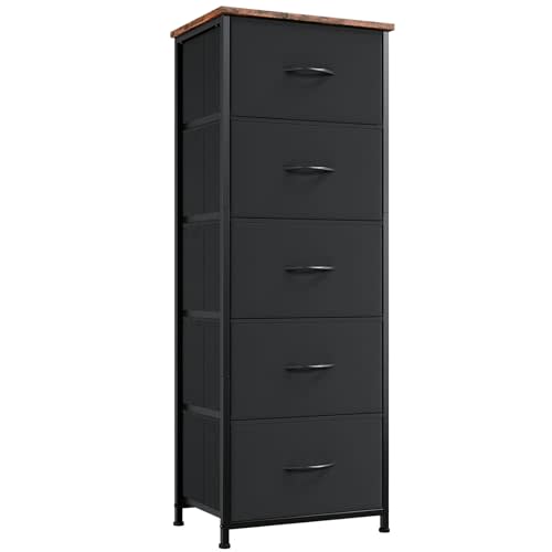 Somdot Tall Dresser for Bedroom with 5 Drawers, Storage Organizer Chest of Drawers with Removable Fabric Bins for Closet Bedside Nursery Laundry Living Room Entryway Hallway, Black Rustic Brown