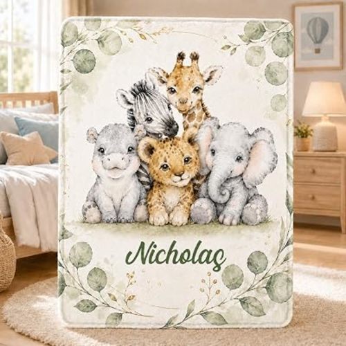 Personalized Baby Blanket with Name, Safari Animals Giraffe Zebra Elephant Lion Hippo Flannel Throw, Custom Neutral Greenery Nursery Bedding for Newborn Boy or Girl, Baby Shower Birthday Gift
