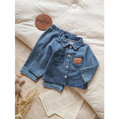 Vintaside Kids 2pcs Baby Boy Fashionable Denim Blue Collar Long Sleeve Jacket Shirt And Pants Set, Bear Embroidery Decor, Suitable For Autumn/Winter Casual Wear Fall | SHEIN USA