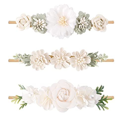 cherrboll 3pcs Baby Girl Flower Headbands, Super Soft & Stretchy Nylon Floral Hairbands for Newborn Toddler