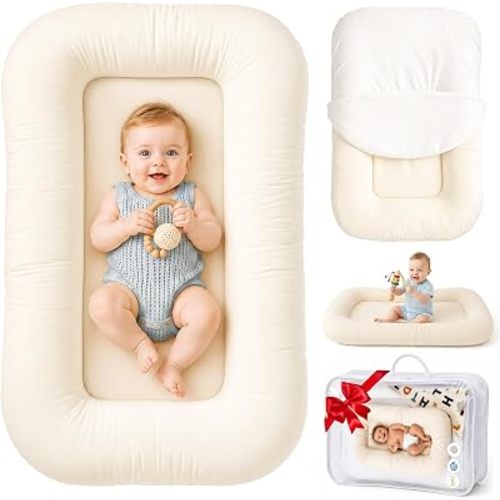Infant Support Cushion & Baby Support Cushion for Newborn 0-24 Months, Breathable Cotton Pad, Supervised Use, Portable Infant Essentials for Travel and Home, Cream White (Cover Included