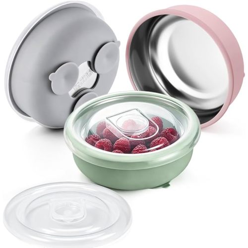 P&P CHEF 3 Pack Baby Bowls with Suction & Lids, 400 ML (Blue+Pink+Grey)