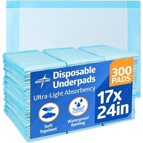 Medline Light Absorbency Underpad, 17" x 24", 300 Count, Disposable Chucks, Bed, Furniture & Surface Protection, For Kids, Adults, Elderly, Puppy Pad, Changing Pad, Incontinence Pee Pad