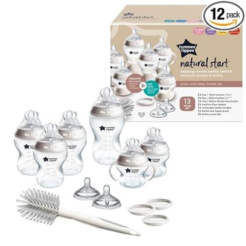 Tommee Tippee Natural Start Baby Bottle Set, Breast-Like Nipples, 0m+ | 12 Pieces, 2x5oz, 3x9oz, 1x11oz Bottles, Slow, Medium & Thicker Flow Nipples, Cleaning Brush, BPA Free, Clear