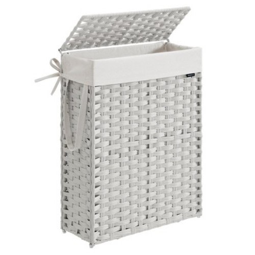 SONGMICS Slim Laundry Hamper with Lid, Synthetic Rattan Clothes Laundry Basket with Lid and Handles, Foldable, Removable Liner, Cloud White
