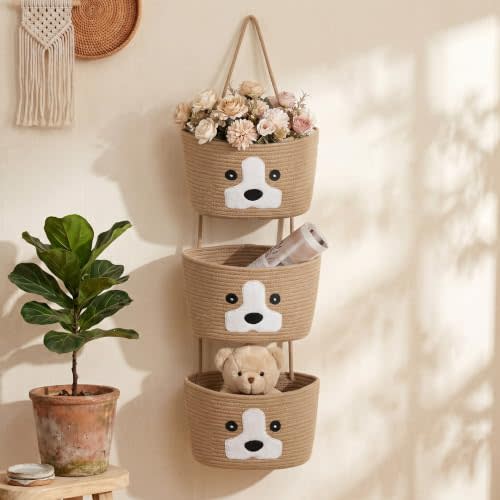 3-Tier Dog Theme Cotton Rope Hanging Basket Organizer Cute Nursery Door Organizer Wall Storage Bin with Hooks, Brown Over Door Decorative Nursery Closet Hanging Accessories
