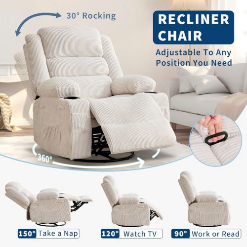 360° Swivel Rocking Recliner Chair with Cup Holder, Corduroy Upholstered Manual Recliner for Living Room Nursery - Beige